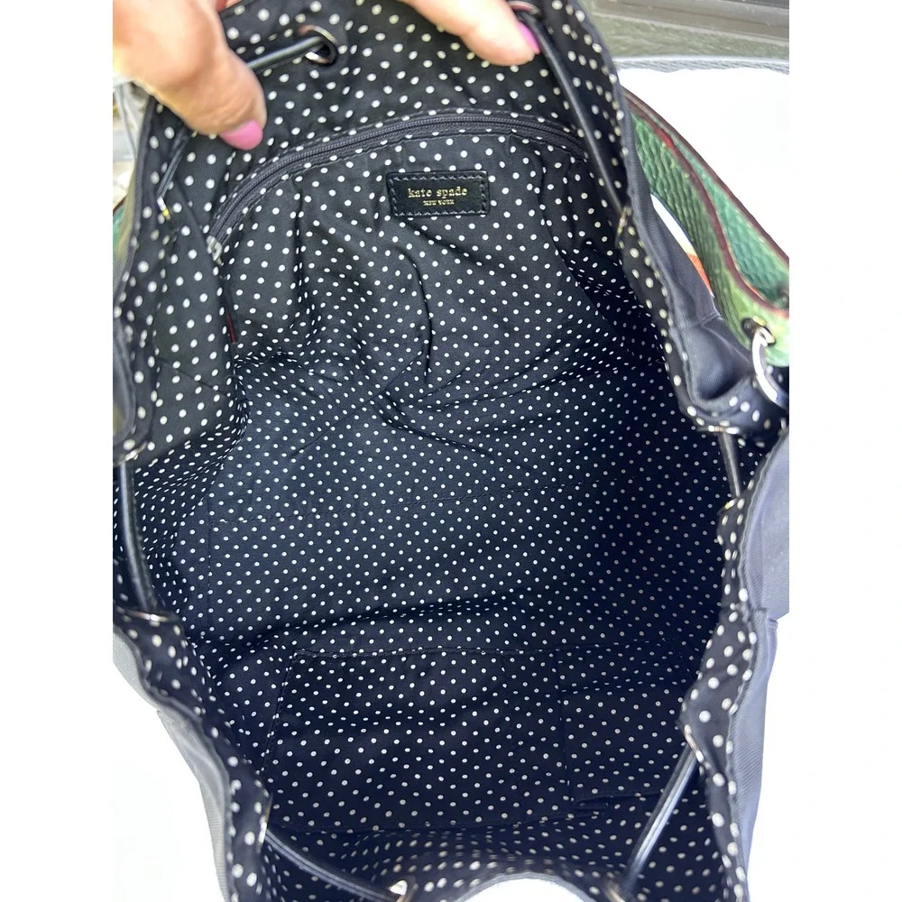 Kate Spade Drawstring Shoulder or Tote Bag Black Green Trim Nylon Like New!